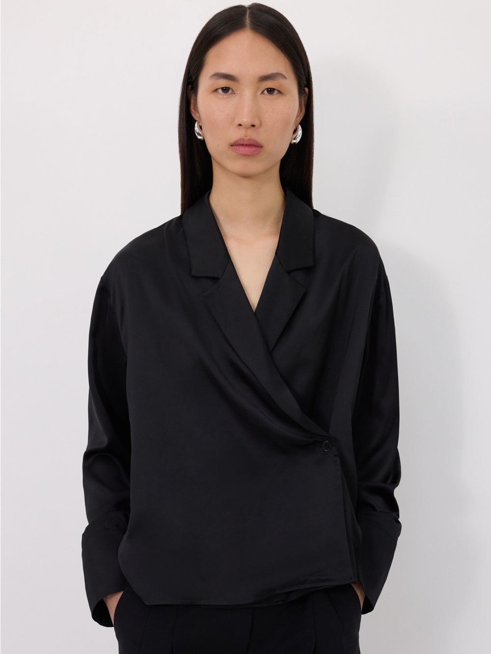NWT Women's Black Satin Persia Draped Button-Down Blouse